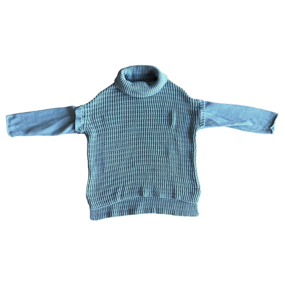 Pure Handknit M/L Light Blue 100% Cotton Chunky Knit Turtleneck Sweater Slits